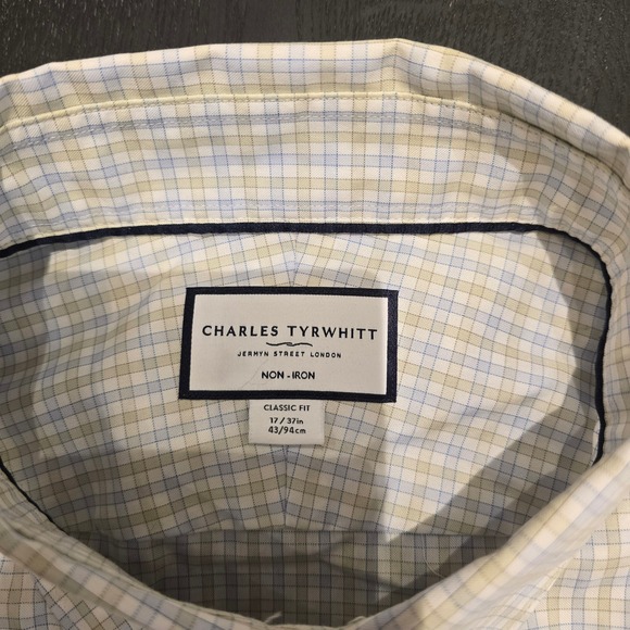 Charles Tyrwhitt Classic Fit Non-Iron Shirt 17/37 Blue Tan Check Button Down - Picture 2 of 6